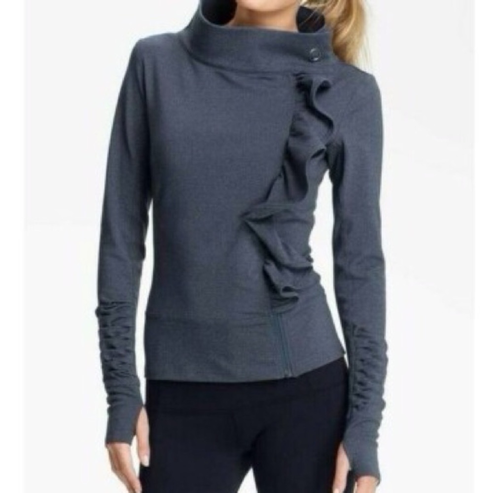 Karma Women S Gray Stretch Athletic Thumb Holes Ruffle Moto San Suu Jacket